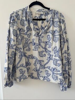 LOFT Blue & White Embroidered Peasant Blouse